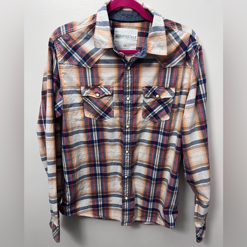 Aeropostale Unisex Plaid Button-Down Shirt - Red, Blue, White